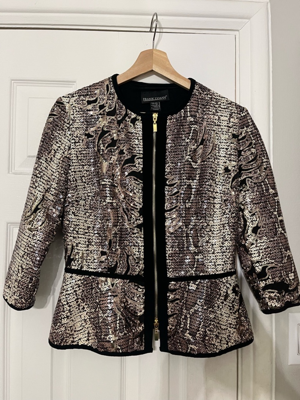 Frank Lyman Gold Sequin‎ Peplum Jacket Zip Front Evening Blazer Size 6
